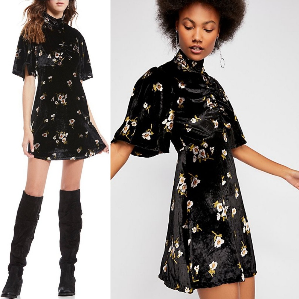 Free People black floral velvet mini dress 6 S NWT